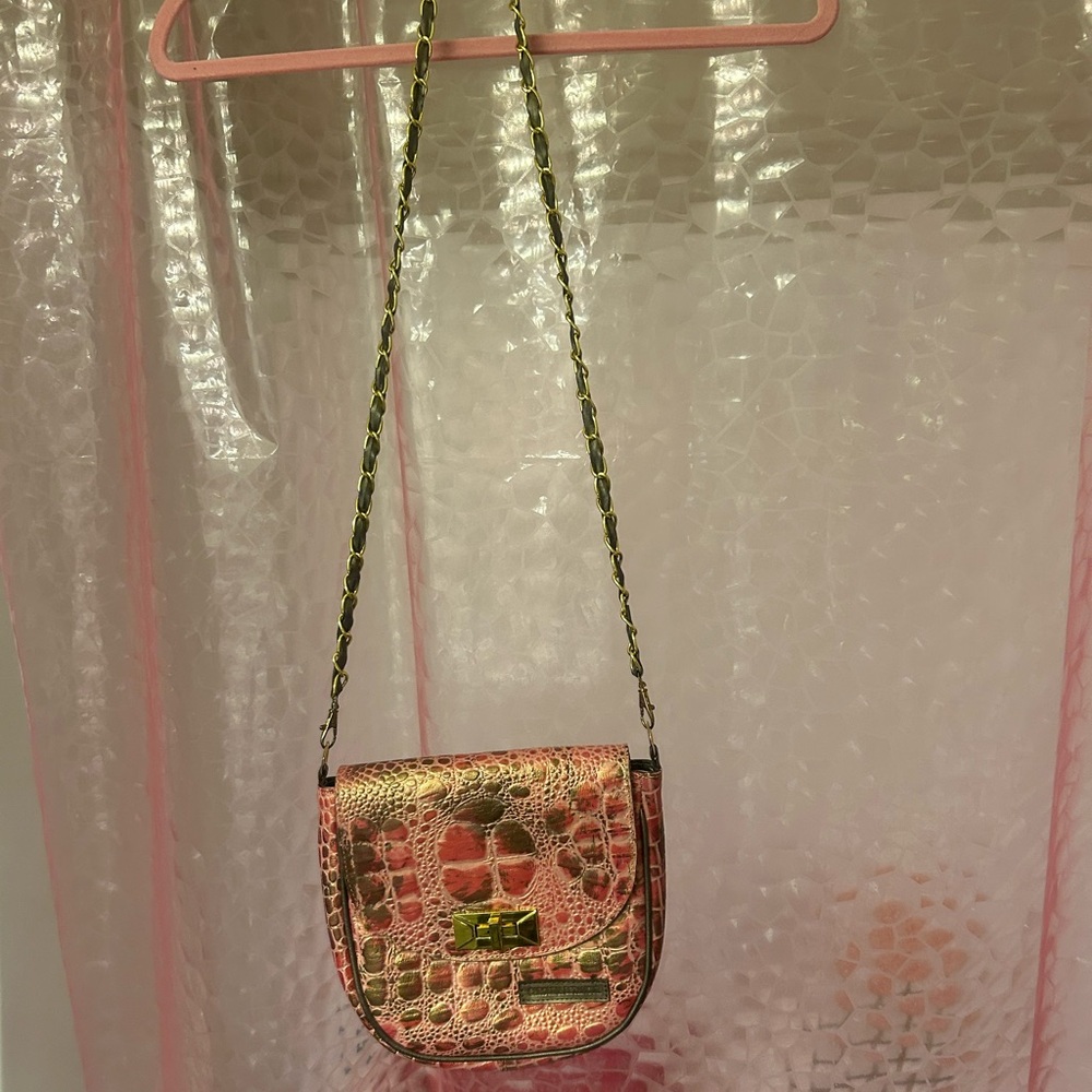Stylish Pink and Green Croc-Embossed Crossbody Bag